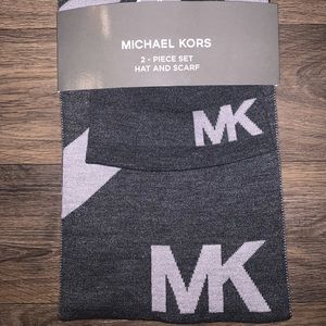 Michael Kors Men's Gray Vertical Logo MK Scarf & Reversible Beanie Hat Set